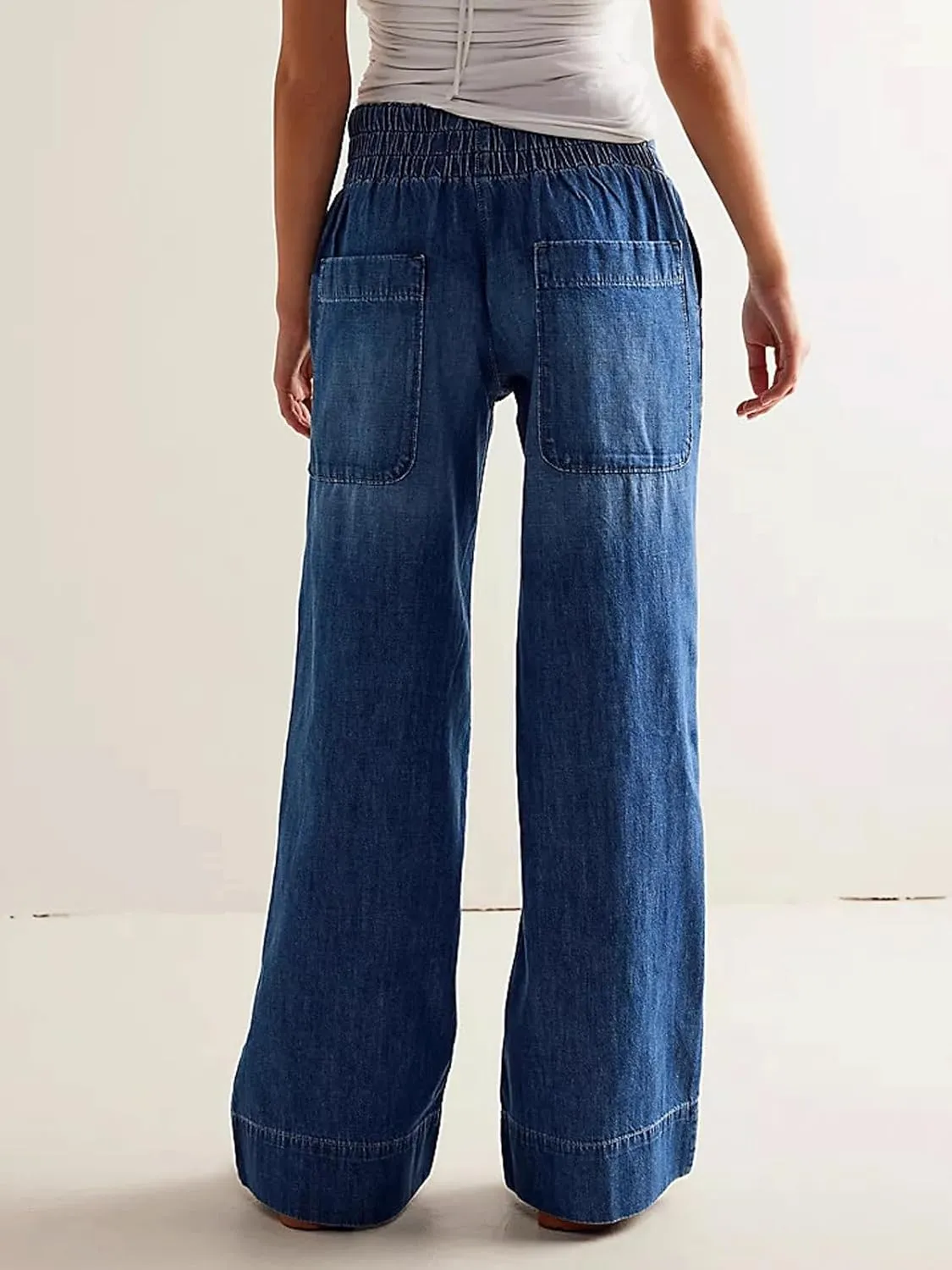 CHARTOU Women Boyfriend Wide Leg Denim Pants Back Smocked High Waist Jean Y2K Trendy Long Pants with Pockets