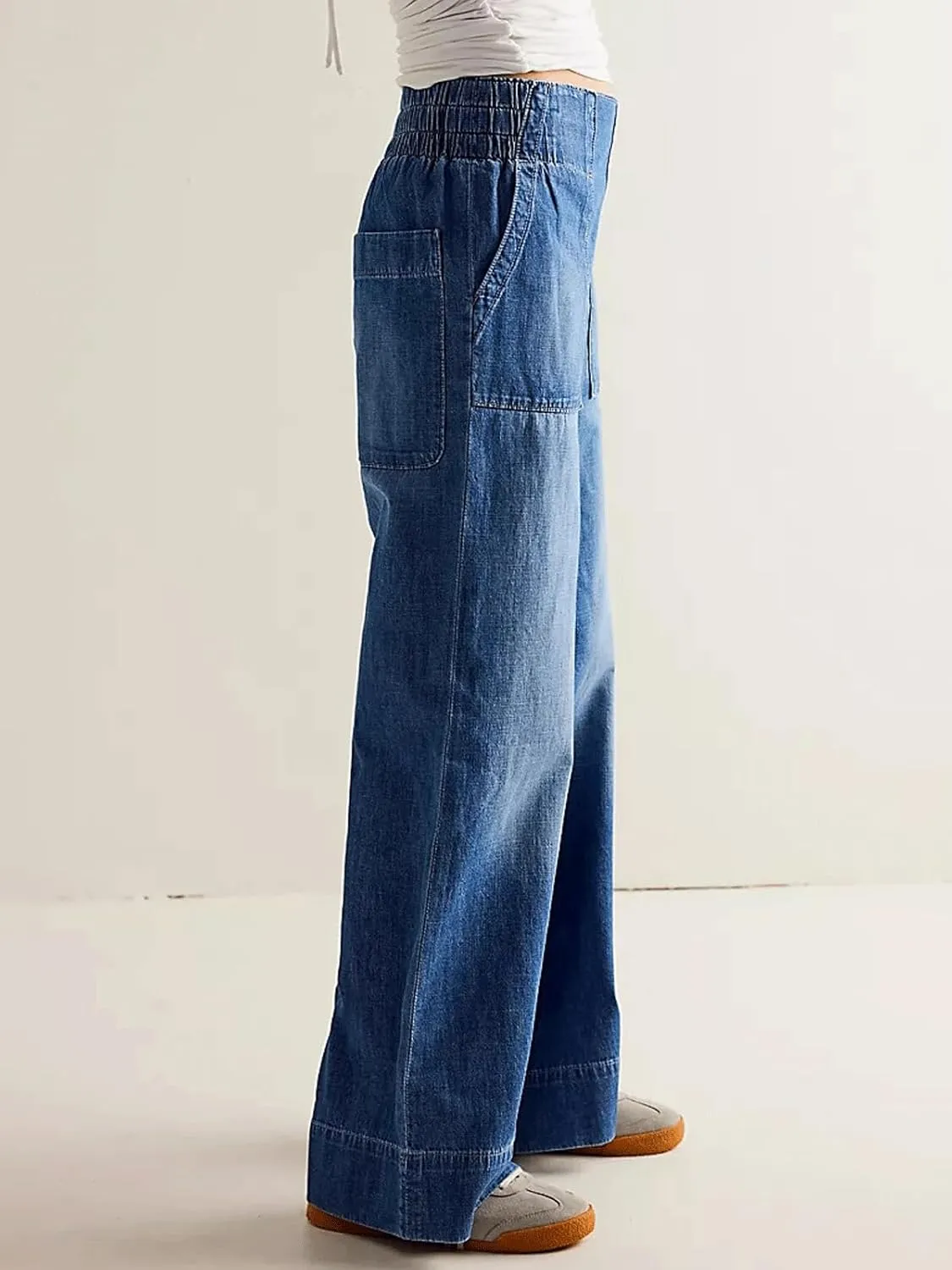 CHARTOU Women Boyfriend Wide Leg Denim Pants Back Smocked High Waist Jean Y2K Trendy Long Pants with Pockets