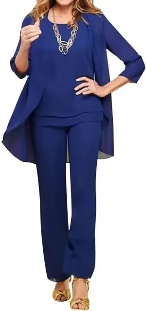 Chiffon Mother of The Bride Pant Suits Petite 3 Pieces Formal Outfit Sets for Women Evening Party