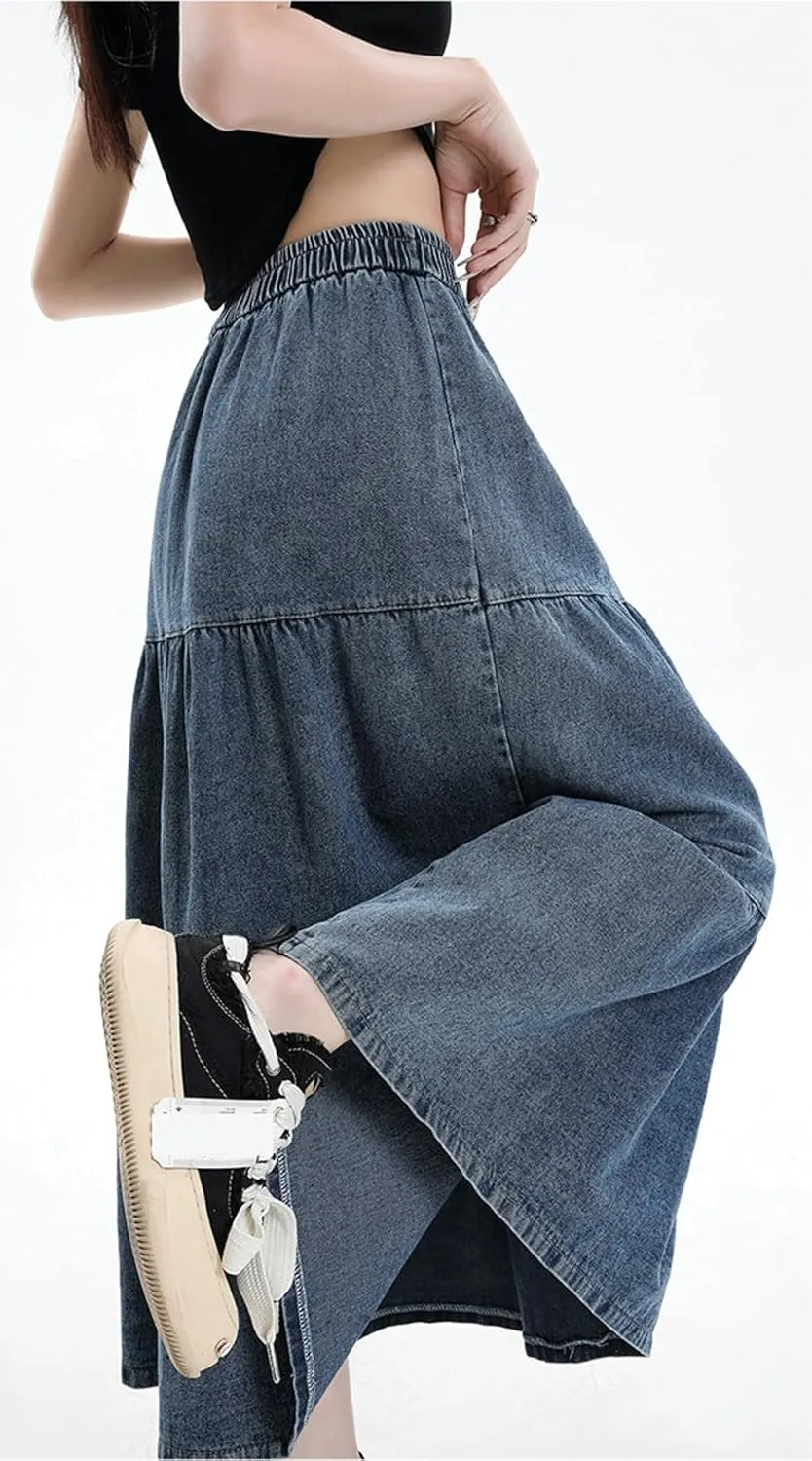 chouyatou Women Elastic High Waist Tiered Denim Skirt Pleated A Line Flared Long Maxi Jean Skirt