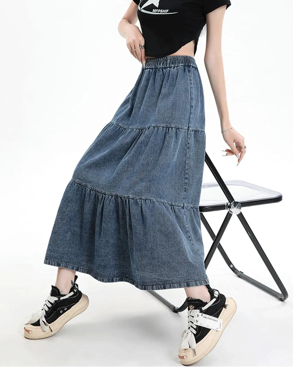 chouyatou Women Elastic High Waist Tiered Denim Skirt Pleated A Line Flared Long Maxi Jean Skirt