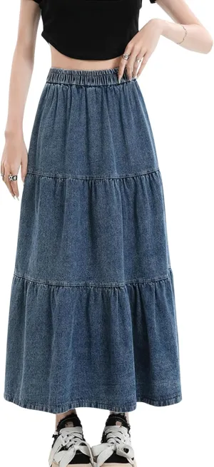 chouyatou Women Elastic High Waist Tiered Denim Skirt Pleated A Line Flared Long Maxi Jean Skirt