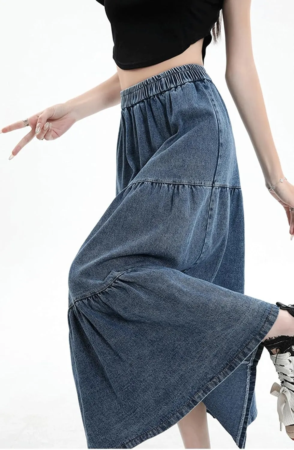 chouyatou Women Elastic High Waist Tiered Denim Skirt Pleated A Line Flared Long Maxi Jean Skirt