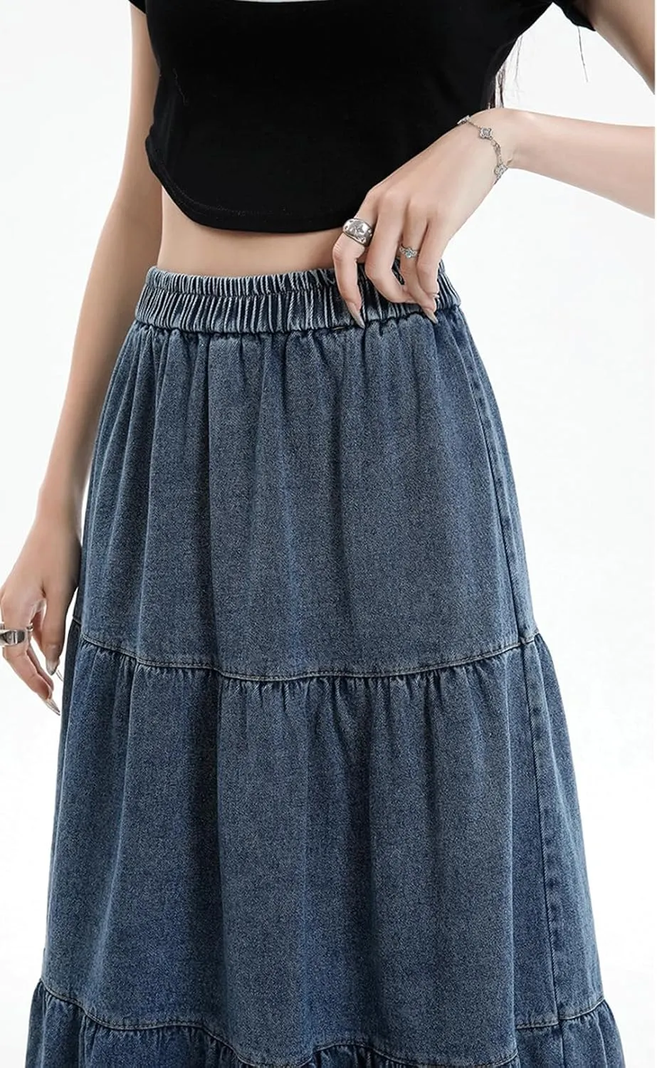 chouyatou Women Elastic High Waist Tiered Denim Skirt Pleated A Line Flared Long Maxi Jean Skirt