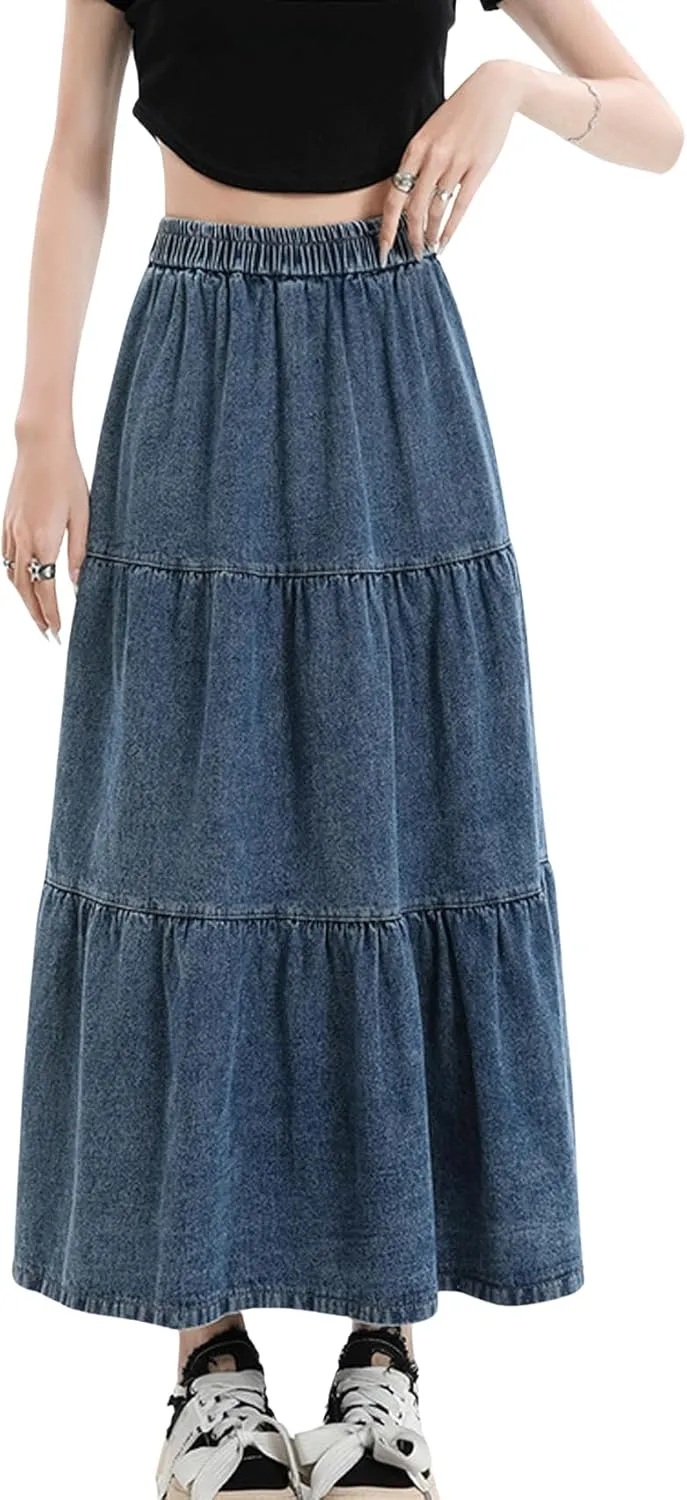 chouyatou Women Elastic High Waist Tiered Denim Skirt Pleated A Line Flared Long Maxi Jean Skirt