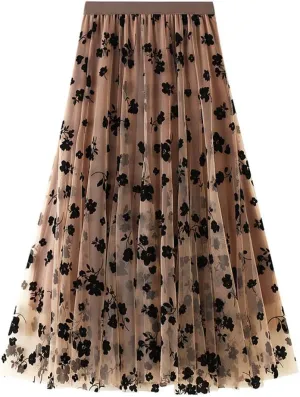 chouyatou Women's Fairy A-Line Pleated Swing Dance Midi Long Floral Tulle Skirt