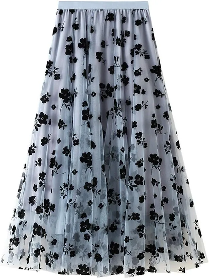 chouyatou Women's Fairy A-Line Pleated Swing Dance Midi Long Floral Tulle Skirt