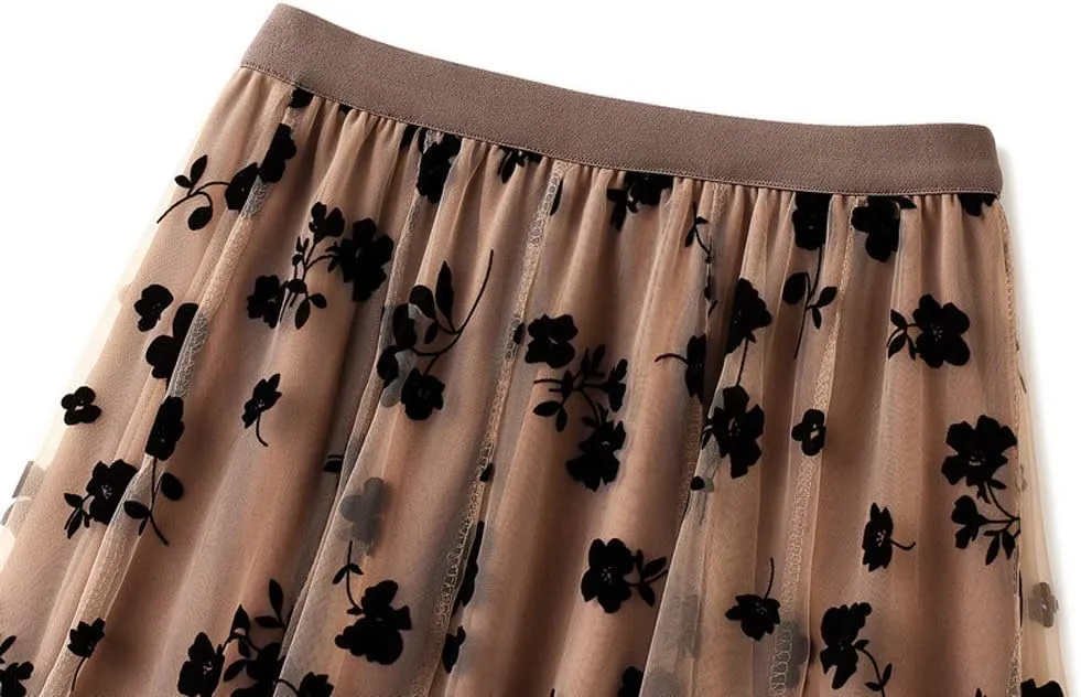 chouyatou Women's Fairy A-Line Pleated Swing Dance Midi Long Floral Tulle Skirt