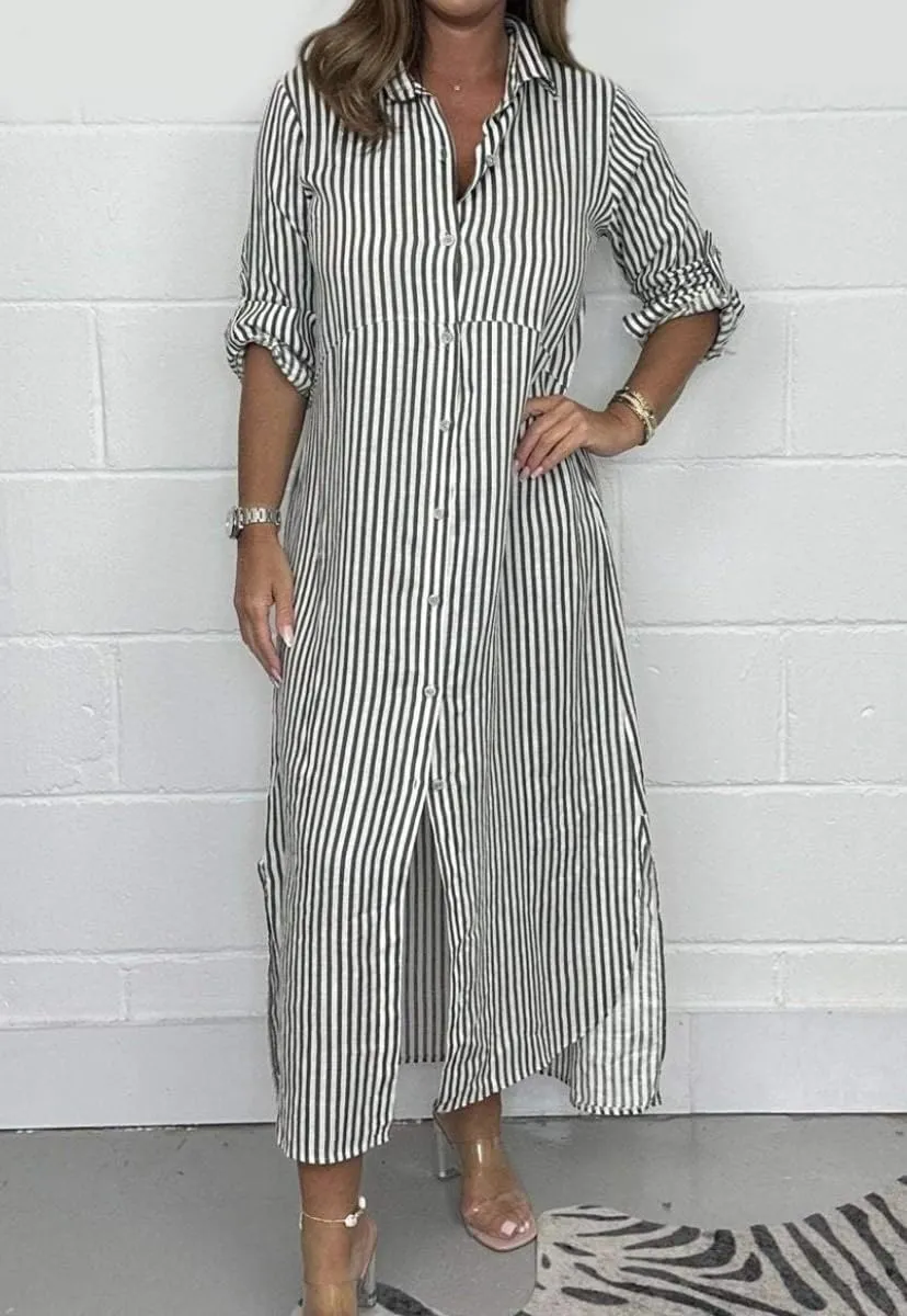 chouyatou Women's Long Sleeve Striped Shirt Dress Casual Loose Button Down Maxi Long Tunic Dress