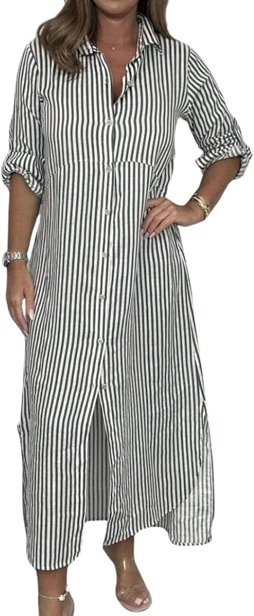 chouyatou Women's Long Sleeve Striped Shirt Dress Casual Loose Button Down Maxi Long Tunic Dress