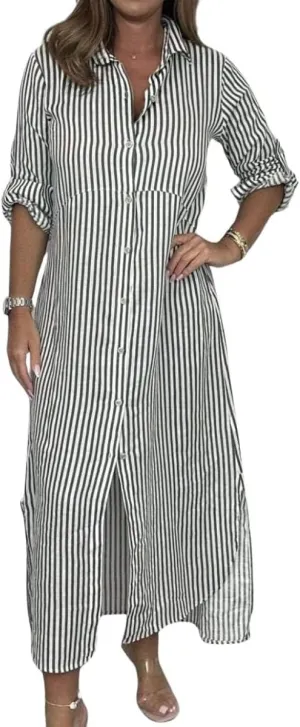 chouyatou Women's Long Sleeve Striped Shirt Dress Casual Loose Button Down Maxi Long Tunic Dress