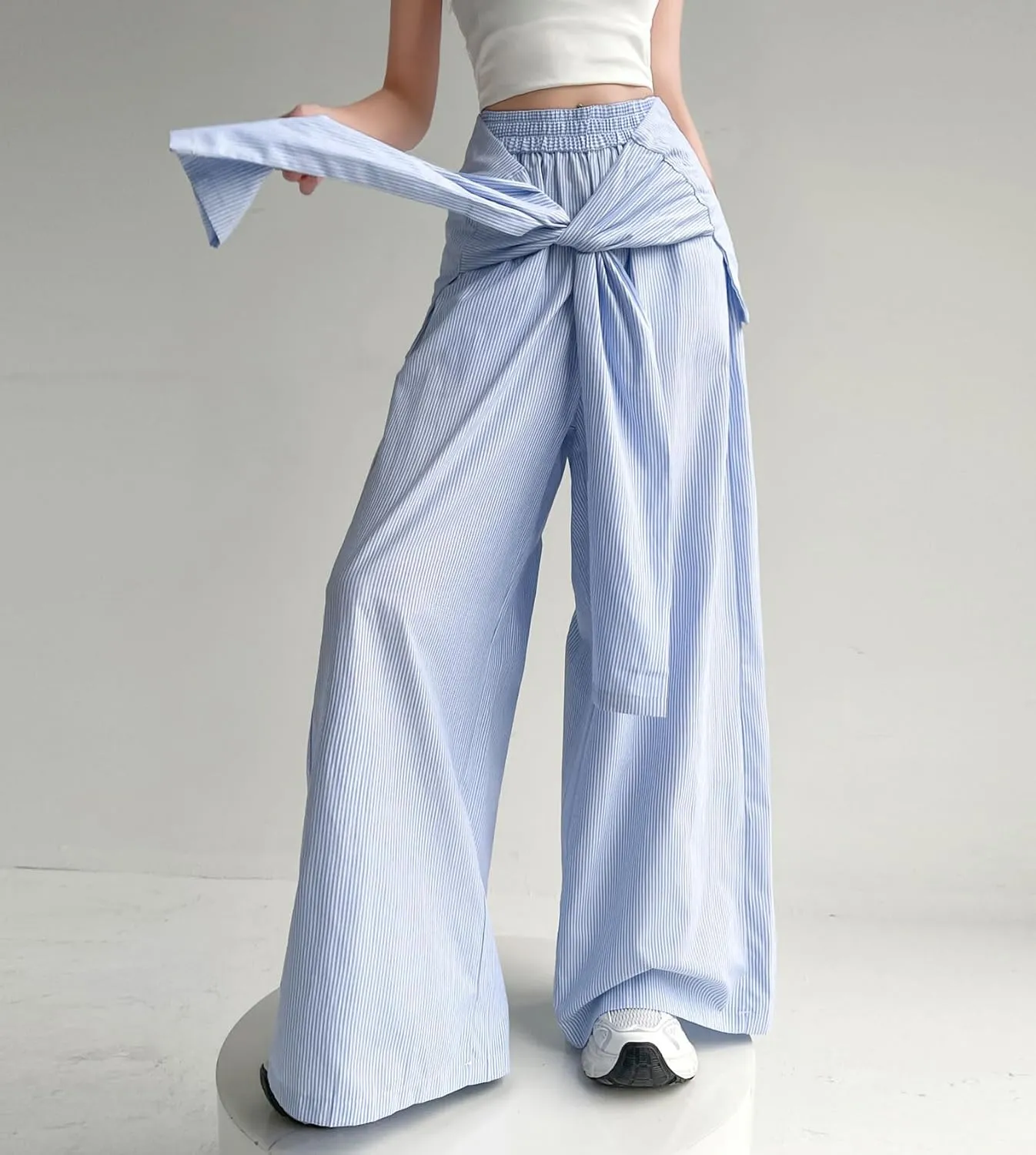 chouyatou Women's Tie Knot Striped Wide Leg Pants Elastic Waist Dressy Casual Palazzo Pants with Pockets