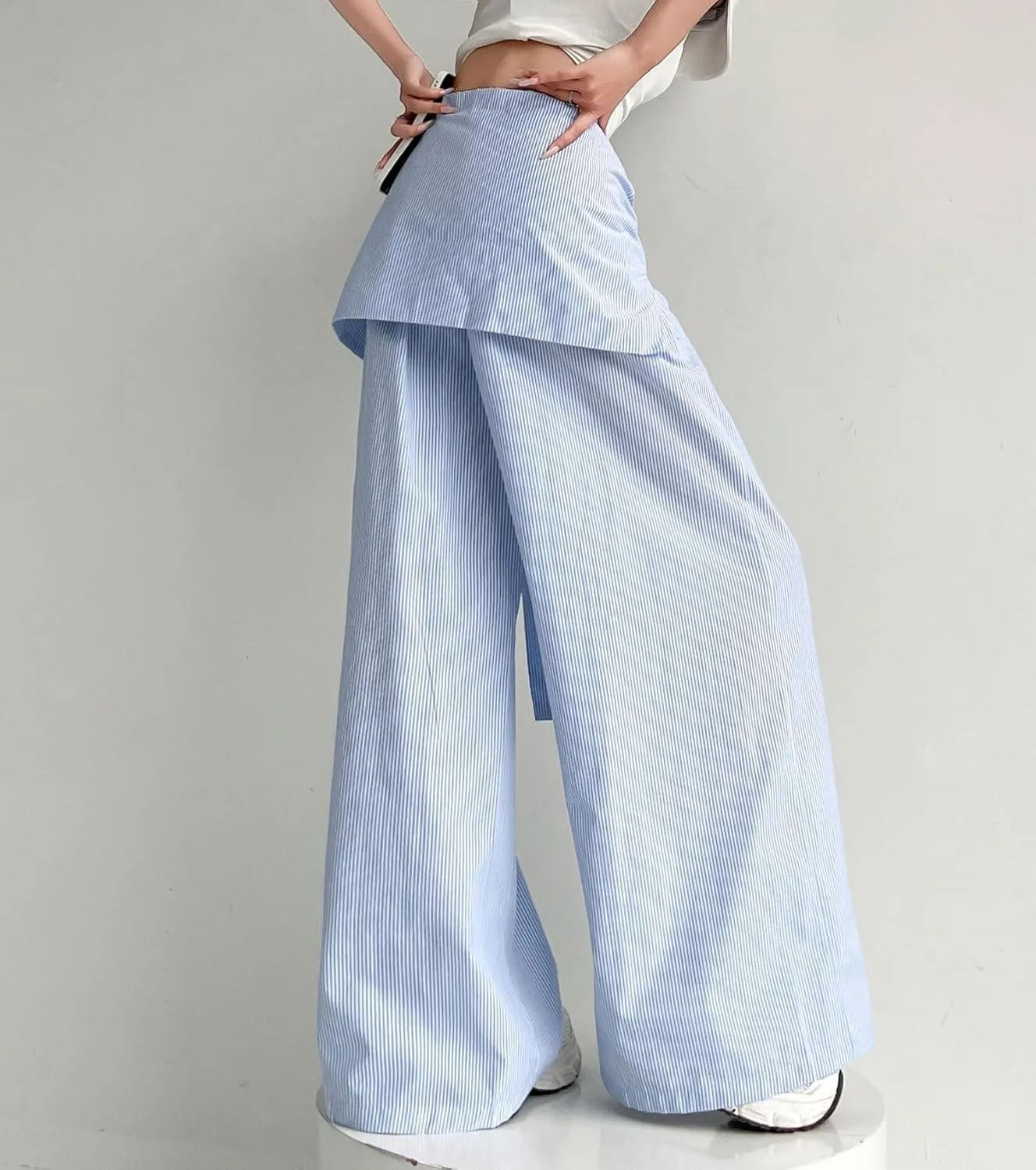 chouyatou Women's Tie Knot Striped Wide Leg Pants Elastic Waist Dressy Casual Palazzo Pants with Pockets