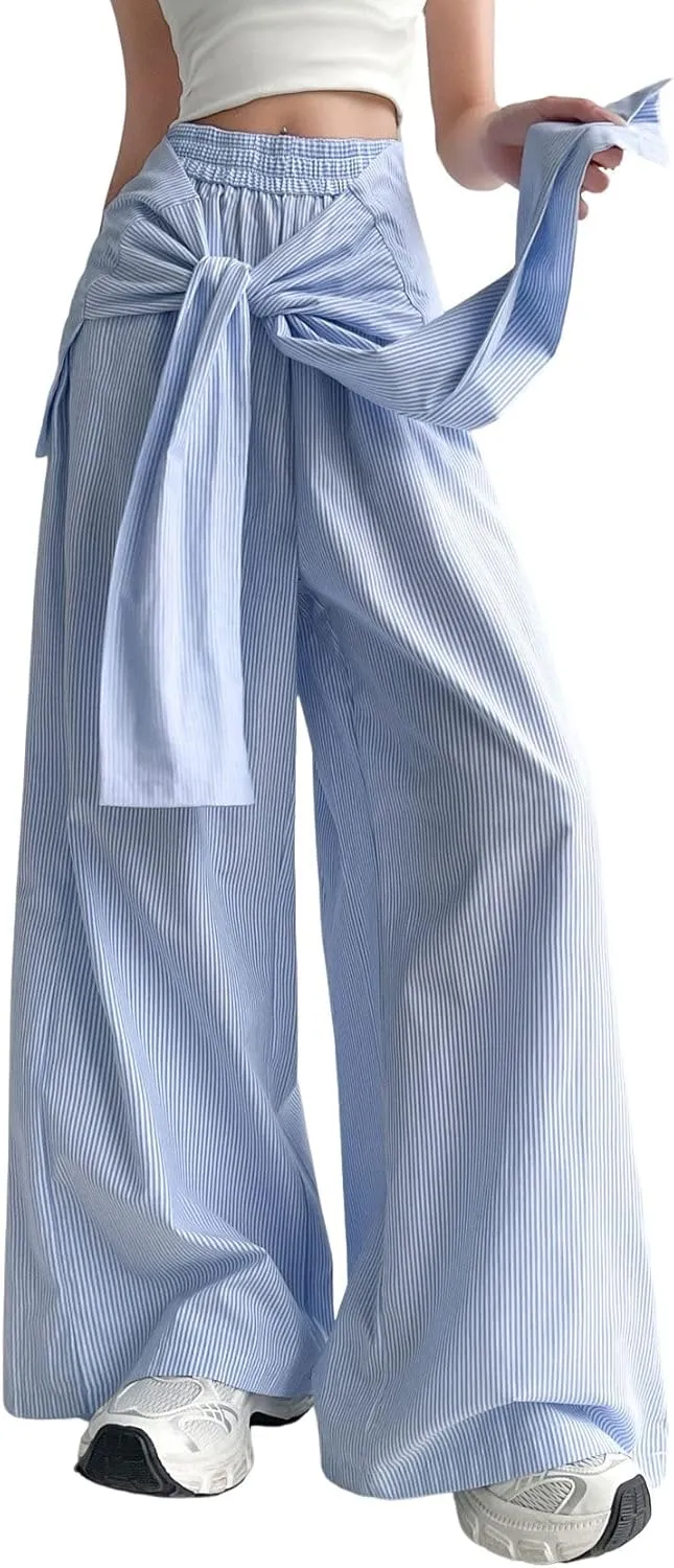 chouyatou Women's Tie Knot Striped Wide Leg Pants Elastic Waist Dressy Casual Palazzo Pants with Pockets