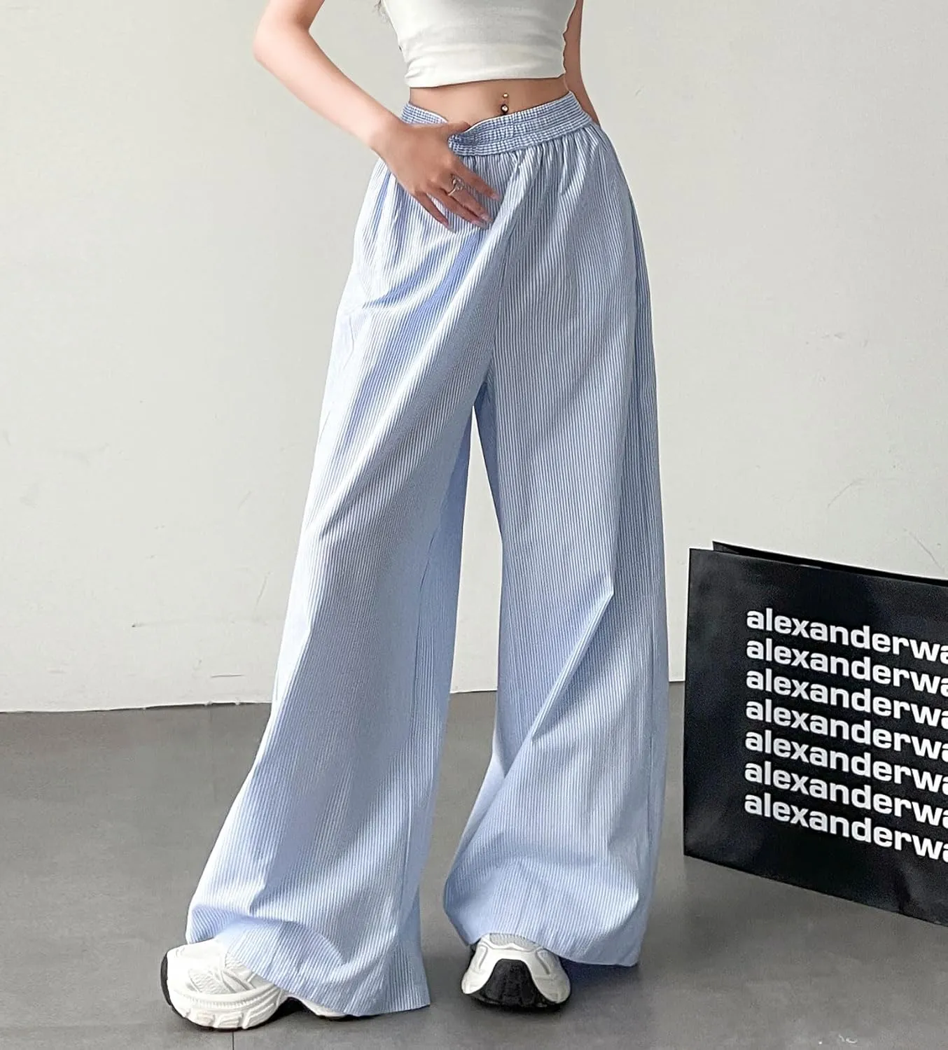 chouyatou Women's Tie Knot Striped Wide Leg Pants Elastic Waist Dressy Casual Palazzo Pants with Pockets