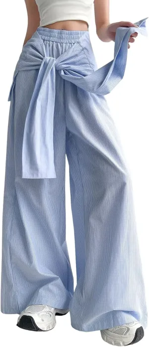 chouyatou Women's Tie Knot Striped Wide Leg Pants Elastic Waist Dressy Casual Palazzo Pants with Pockets