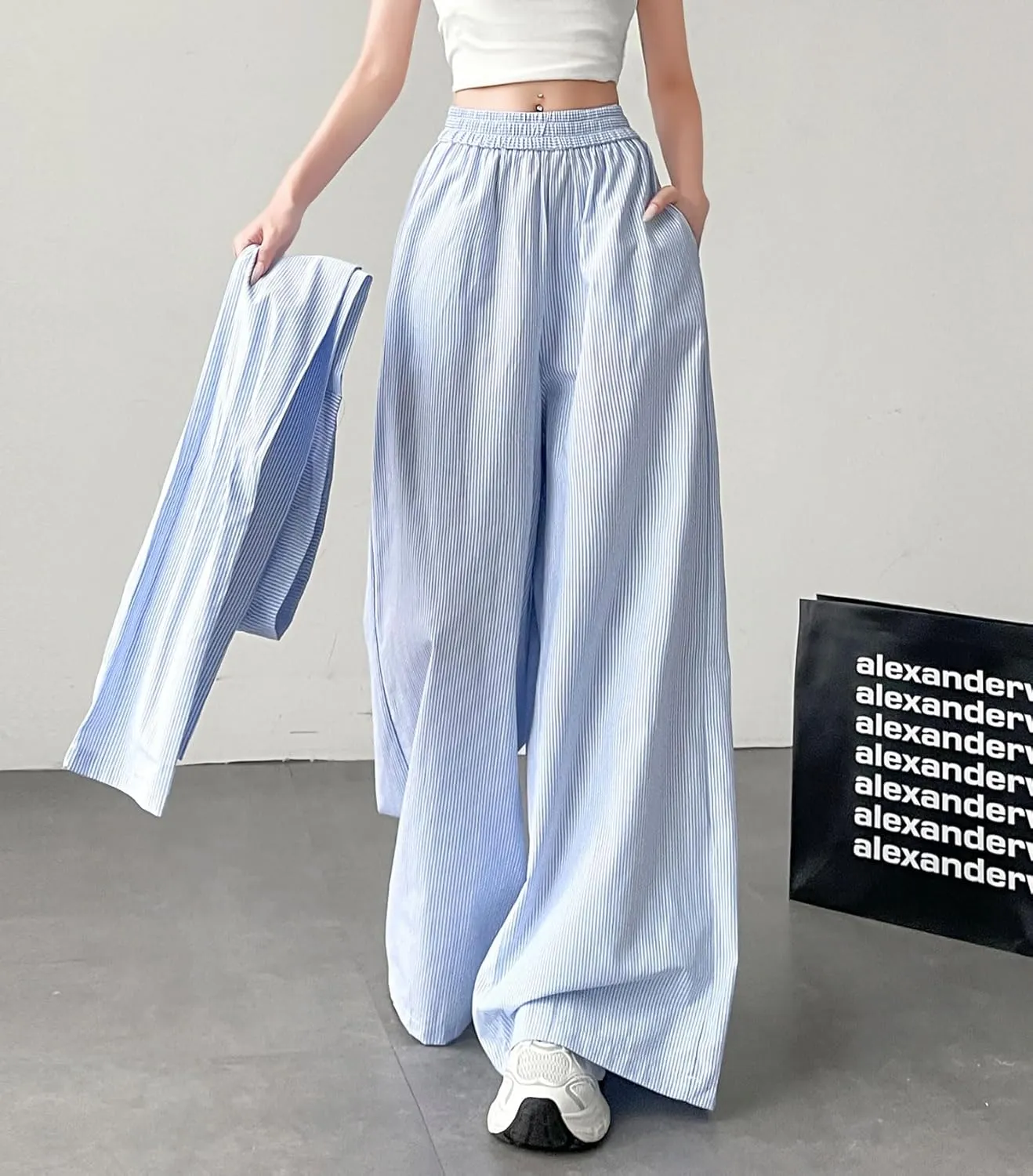 chouyatou Women's Tie Knot Striped Wide Leg Pants Elastic Waist Dressy Casual Palazzo Pants with Pockets