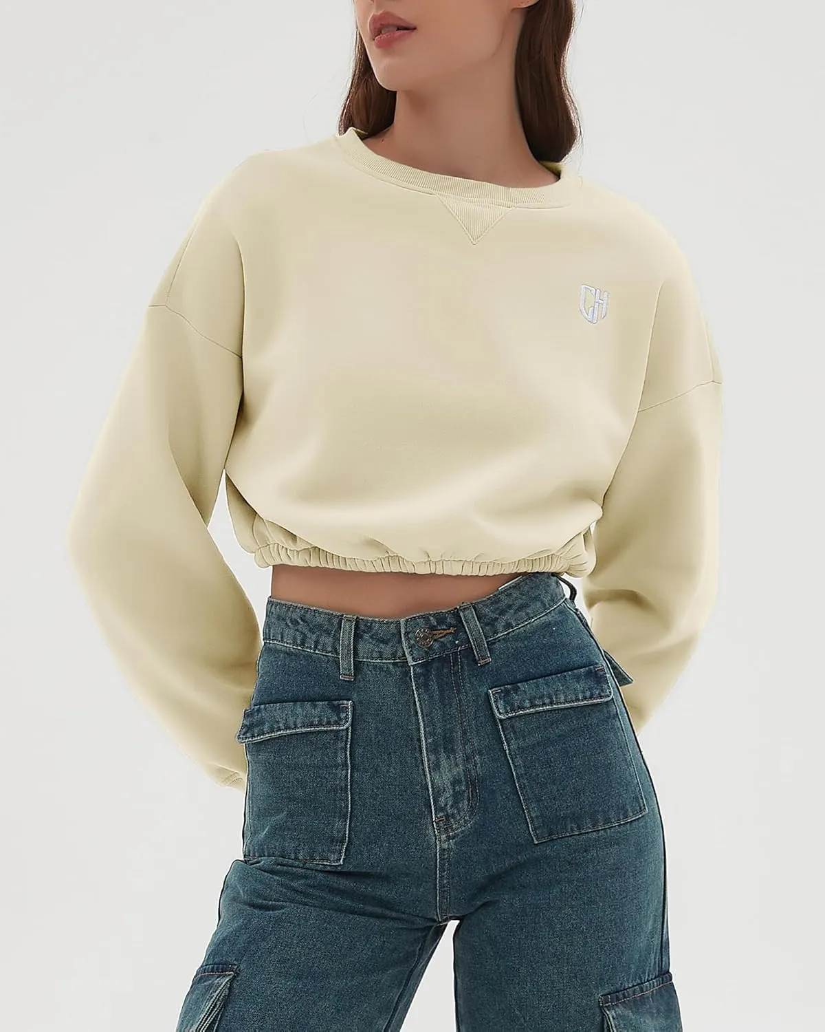 CHYRII Women Oversized Cropped Sweatshirt Fleece Crewneck Pullover Long Sleeve Crop Tops Fall Winter Oufits Clothes