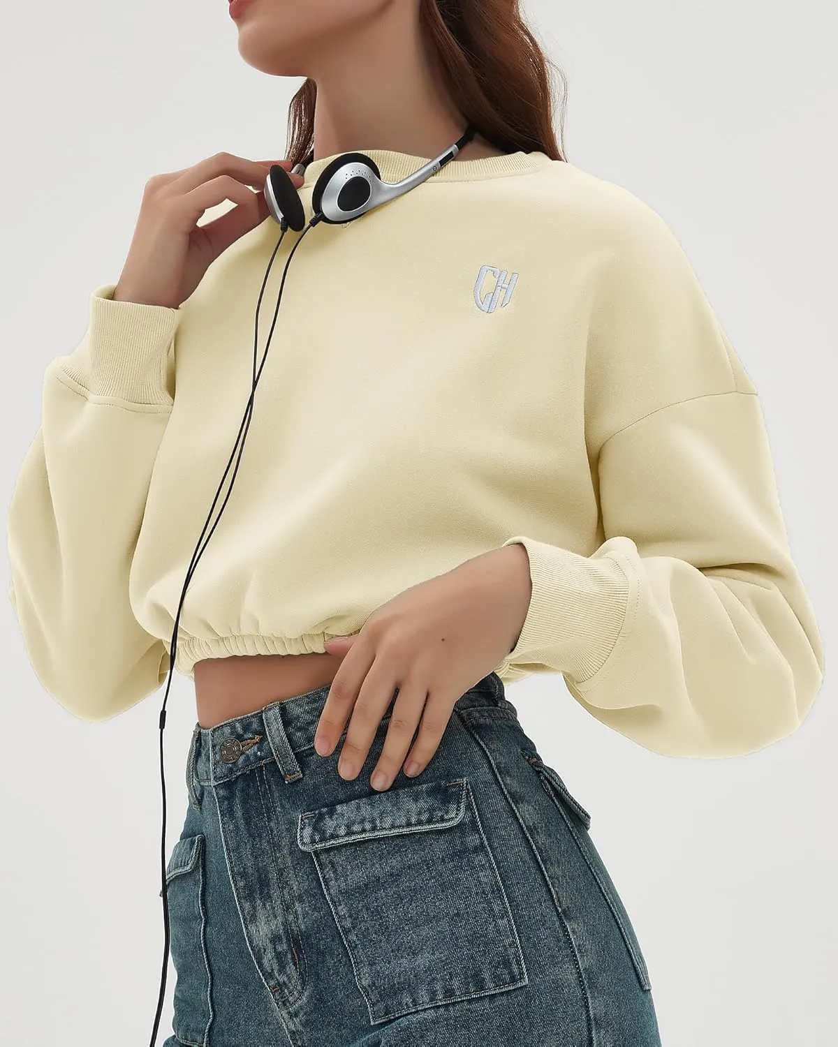 CHYRII Women Oversized Cropped Sweatshirt Fleece Crewneck Pullover Long Sleeve Crop Tops Fall Winter Oufits Clothes