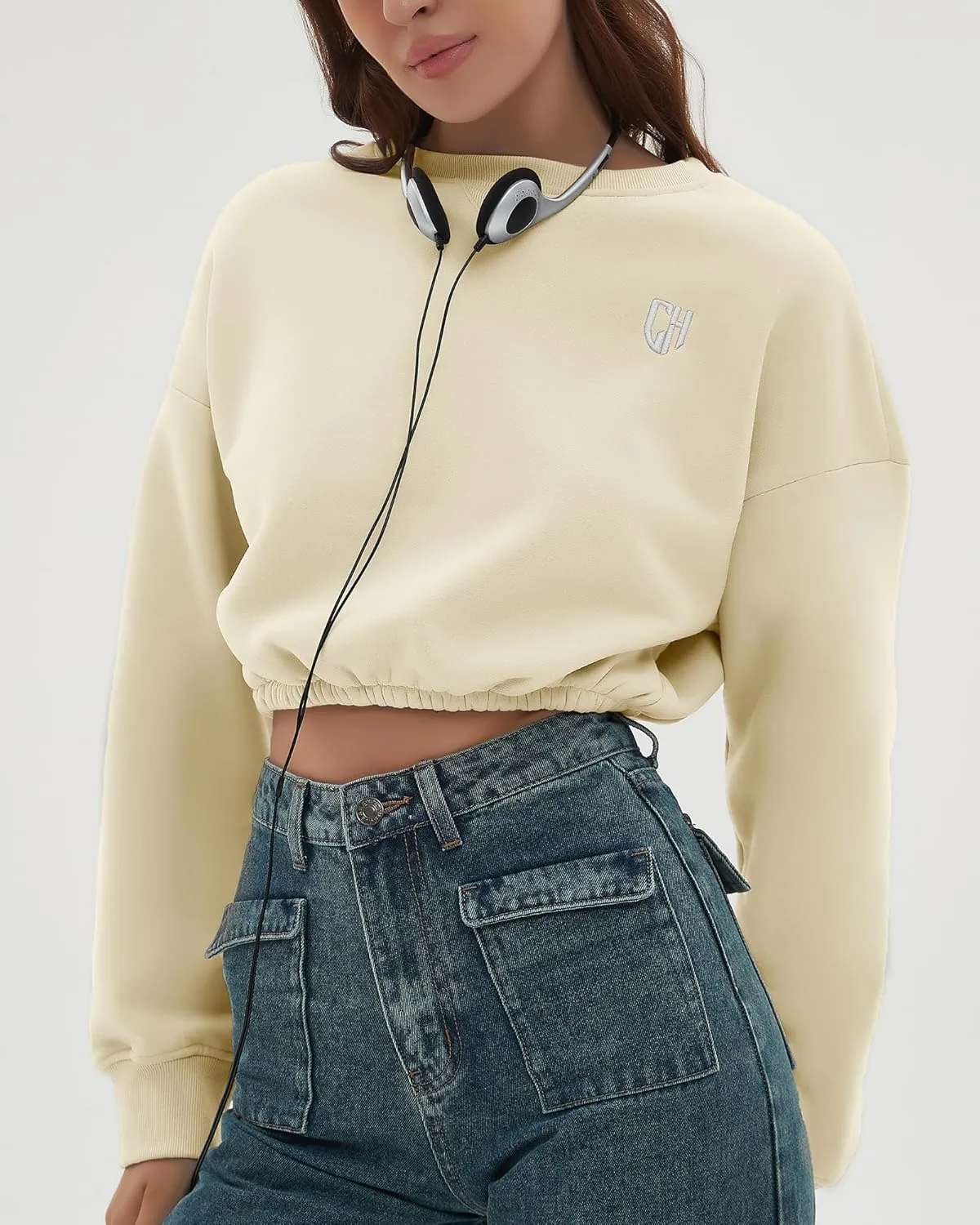 CHYRII Women Oversized Cropped Sweatshirt Fleece Crewneck Pullover Long Sleeve Crop Tops Fall Winter Oufits Clothes