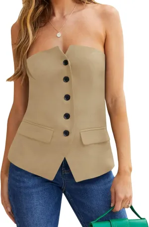 Cicy Bell Notched Neck Tube Tops Blazer Sleeveless Button Fitted Strapless Work Blazer Vest, Medium, Khaki