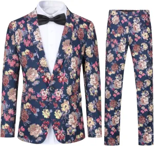 Cloudstyle Mens 2 Piece Suit Notched Lapel Sport Coat Floral One Button Slim Fit Tweed Suit