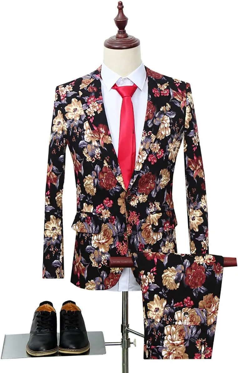 Cloudstyle Mens 2 Piece Suit Notched Lapel Sport Coat Floral One Button Slim Fit Tweed Suit