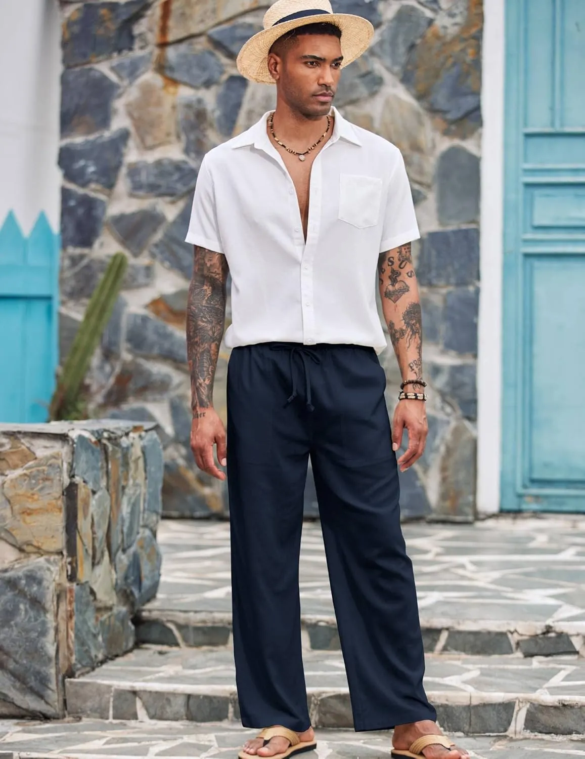 COOFANDY Mens Casual Linen Pants Elastic Waist Linen Pants Drawstring Summer Beach Yoga Linen Trouser