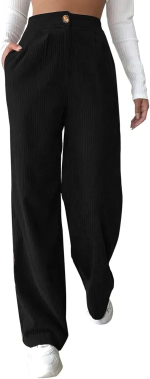Corduroy Pants for Women Vintage Elastic High Waist Straight Wide Leg Pants Fall Winter Casual Work Trouser Trendy 2024