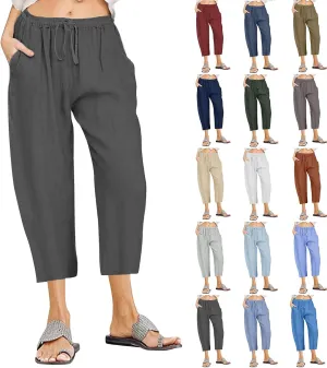 Cotton Linen Pants for Women High Waisted Wide Leg Capris Summer Casual Elastic Drawstring Cropped Trouseres 2025