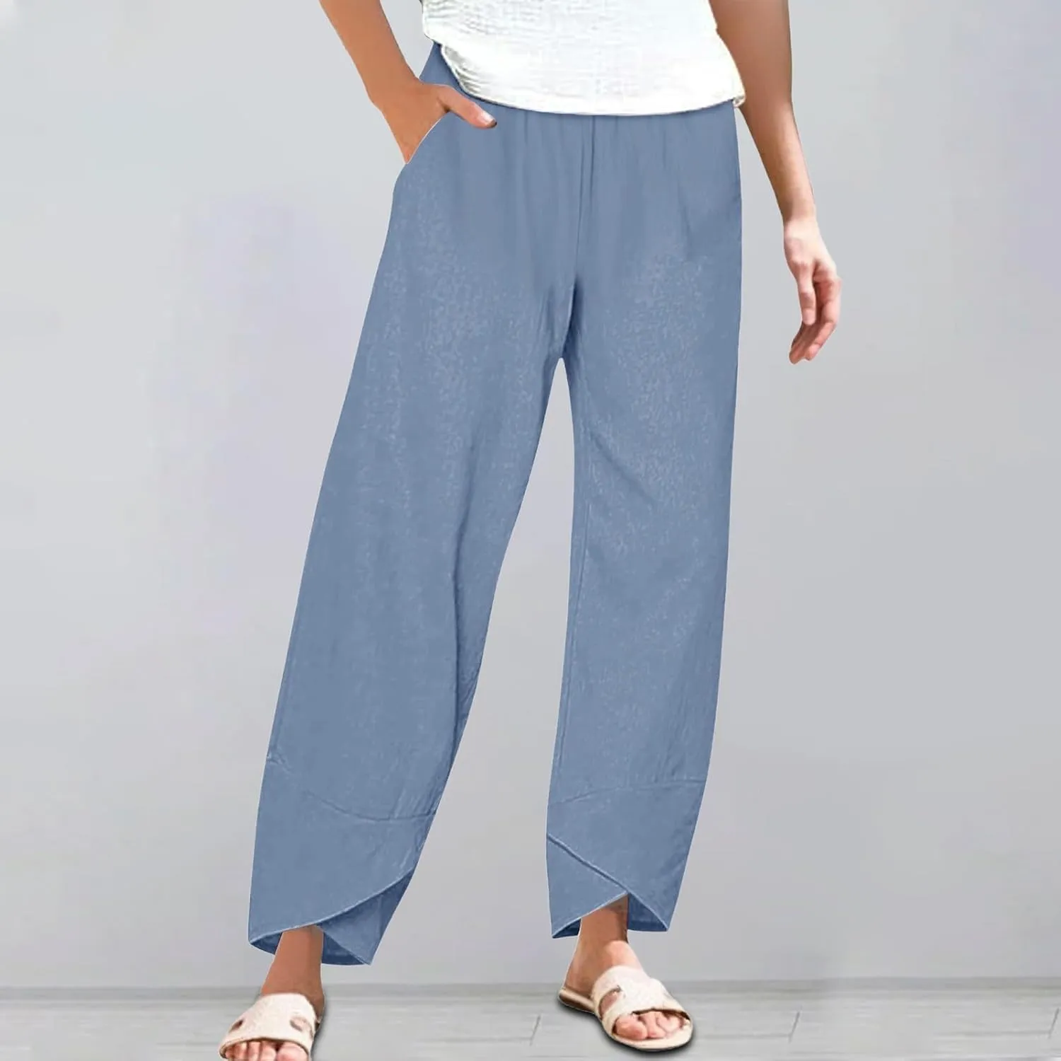 Cotton Linen Pants for Women Summer Casual Capri Pants High Waist Elastic Comfy Loose Palazzo Trousers with Pockets