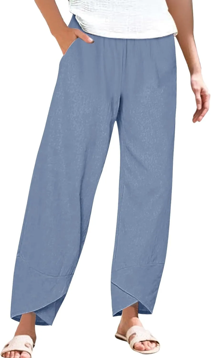 Cotton Linen Pants for Women Summer Casual Capri Pants High Waist Elastic Comfy Loose Palazzo Trousers with Pockets