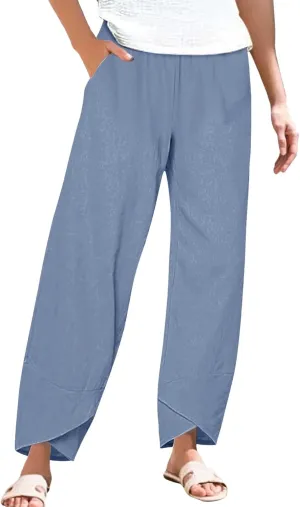 Cotton Linen Pants for Women Summer Casual Capri Pants High Waist Elastic Comfy Loose Palazzo Trousers with Pockets