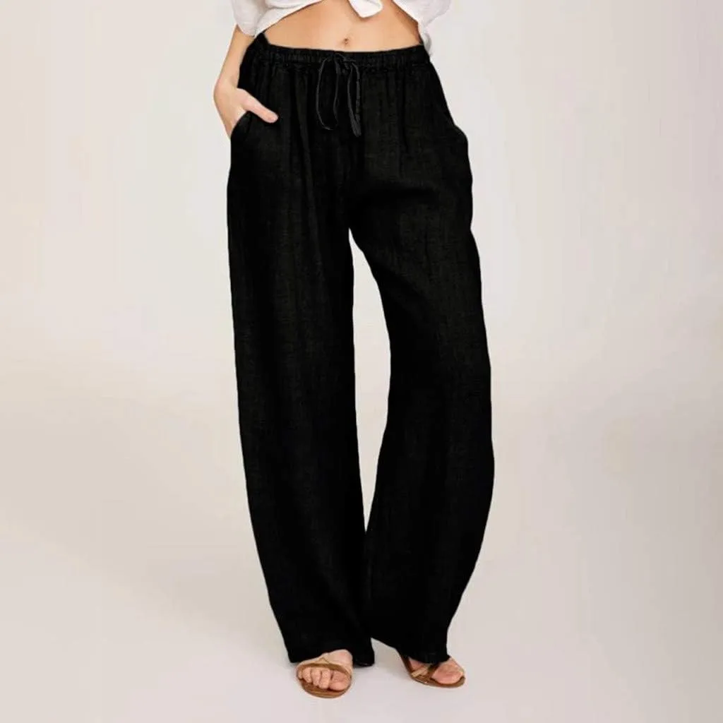 Cotton Linen Summer Pants Women Casual High Waist Drawstring Loose Fit Lightweight Long Palazzo Gauze Trousers