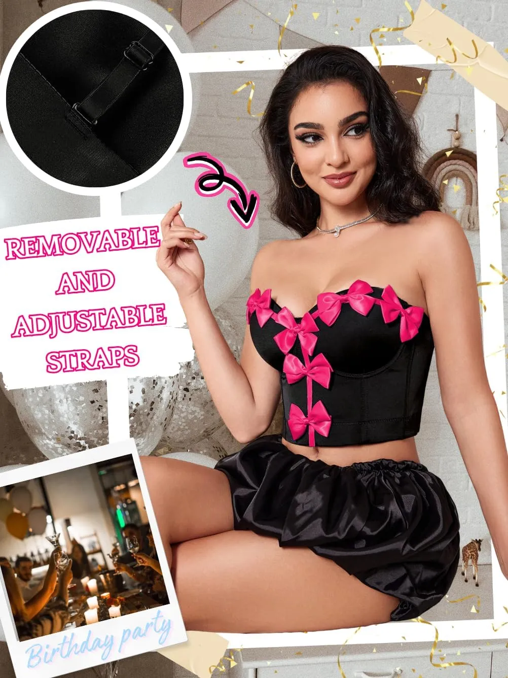 Cute Bow Corset, Detachable Strap as Tube Tops, Birthday Concert Crop Tank, Sexy Bustier For Women