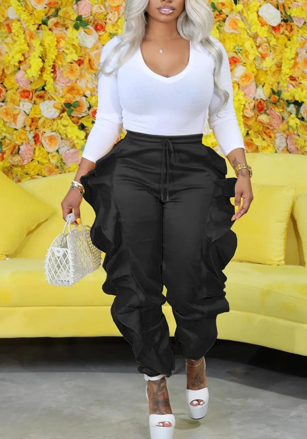 DINGANG Fringe Pants for Women Trousers Long Solid Color High Waisted Pants Sweatpants for Women Streetwear
