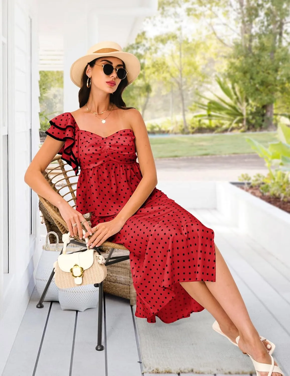 DRESSTELLS Women's 2 Piece Skirt Sets Summer Polka Dot Outfits Smocked Tops and Long Skirt 2025