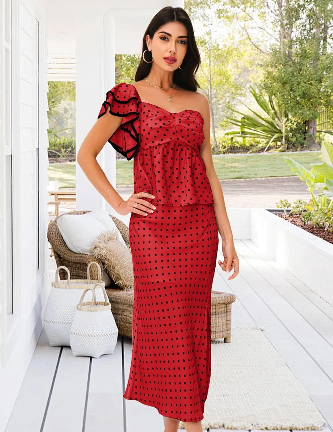 DRESSTELLS Women's 2 Piece Skirt Sets Summer Polka Dot Outfits Smocked Tops and Long Skirt 2025