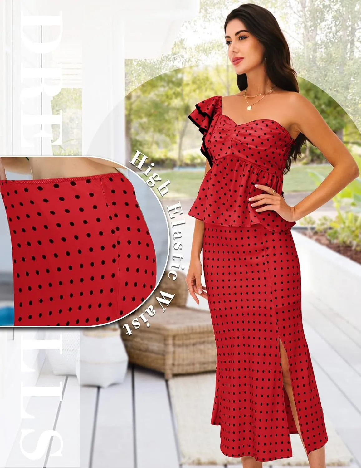 DRESSTELLS Women's 2 Piece Skirt Sets Summer Polka Dot Outfits Smocked Tops and Long Skirt 2025