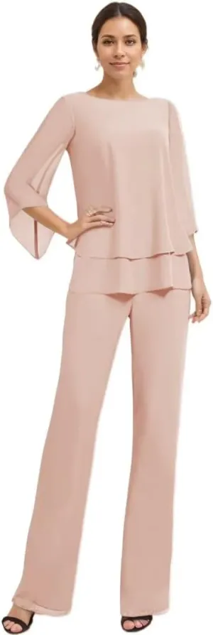 Dressy Mother of The Bride Pant Suits for Wedding Chiffon 2 Piece Evening Outfits Women Formal Pantsuits with Sleeve