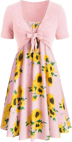 Eduavar Summer Dresses for Women 2024, Boho Dresses for Women 2024 Short Sleeve Bow-Knot Tops Sunflower Print Midi Dress