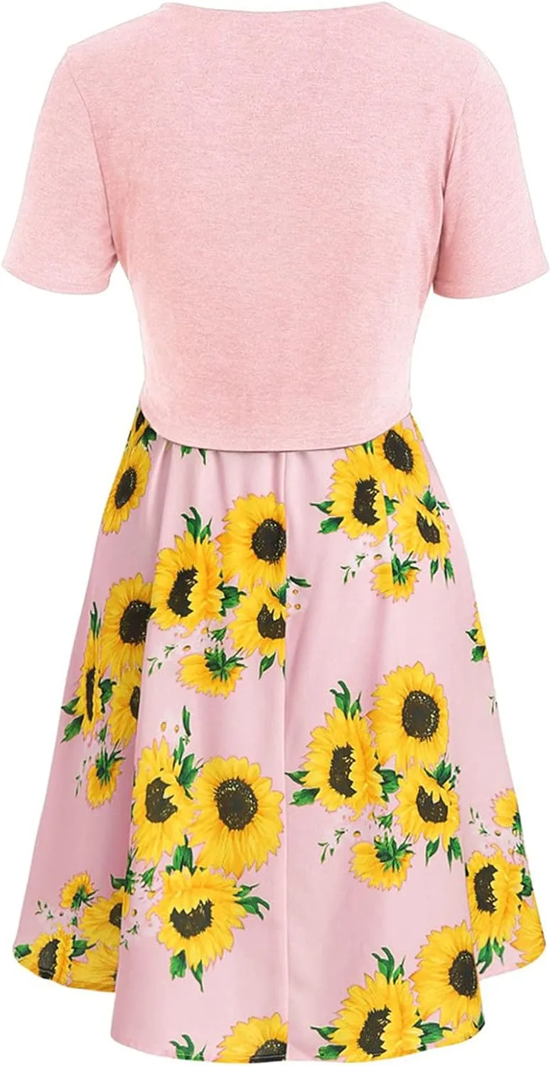Eduavar Summer Dresses for Women 2024, Boho Dresses for Women 2024 Short Sleeve Bow-Knot Tops Sunflower Print Midi Dress