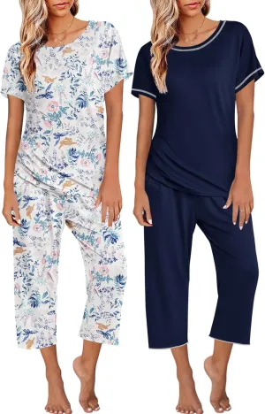 Ekouaer 2 Pack: Womens Pajamas Short Sleeve Sleepwear Tops and Capri Pants Pjs Print Pajama Sets