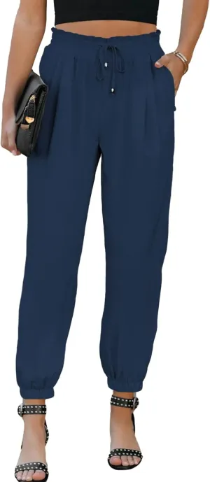 EVALESS Womens 2025 Summer Casual Pants Drawstring Elastic High Waisted Work Trousers Joggers Trendy Harem Pants with Pockets