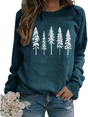 FCDIED Womens Funny Pine Tree Camping Sweatshirt Casual Fall Outdoor Hiking Pullover Travel Long Sleeve O-Neck Pullover Tops