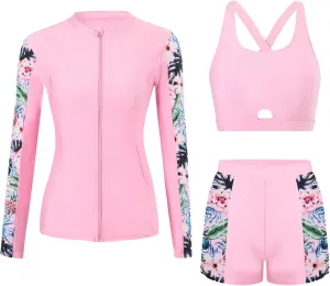 FEOYA Womens Rash Guard Sets UPF 50  3 Piece Long Sleeve Swimsuits Cross Back Built-in Bra Zipper Swim Shirts with Boyshorts