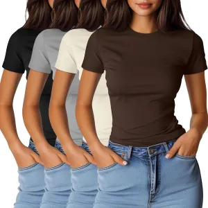 Ficerd 4 Pack Women's Short Sleeve T Shirts Cotton Crew Neck Slim Fitted Tops Basic Casual Shirts Stretchy Going Out Tees