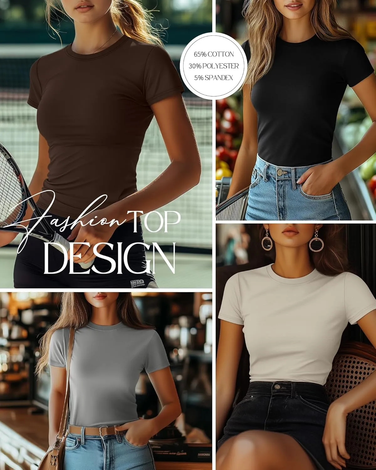 Ficerd 4 Pack Women's Short Sleeve T Shirts Cotton Crew Neck Slim Fitted Tops Basic Casual Shirts Stretchy Going Out Tees