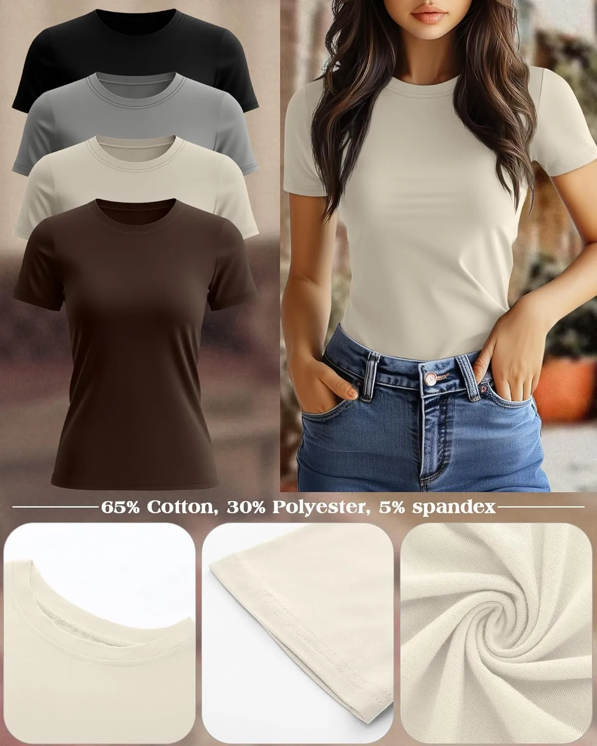 Ficerd 4 Pack Women's Short Sleeve T Shirts Cotton Crew Neck Slim Fitted Tops Basic Casual Shirts Stretchy Going Out Tees