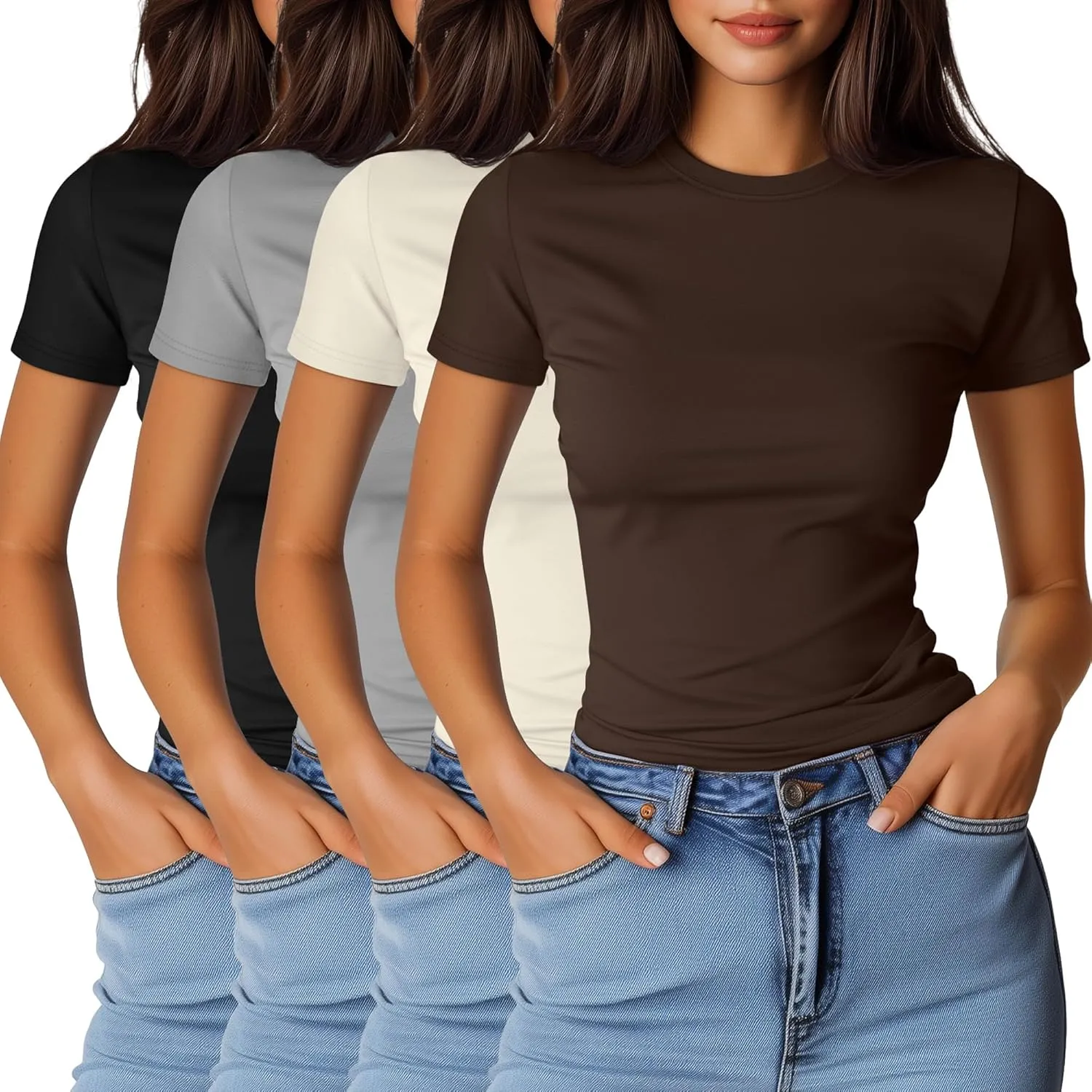 Ficerd 4 Pack Women's Short Sleeve T Shirts Cotton Crew Neck Slim Fitted Tops Basic Casual Shirts Stretchy Going Out Tees